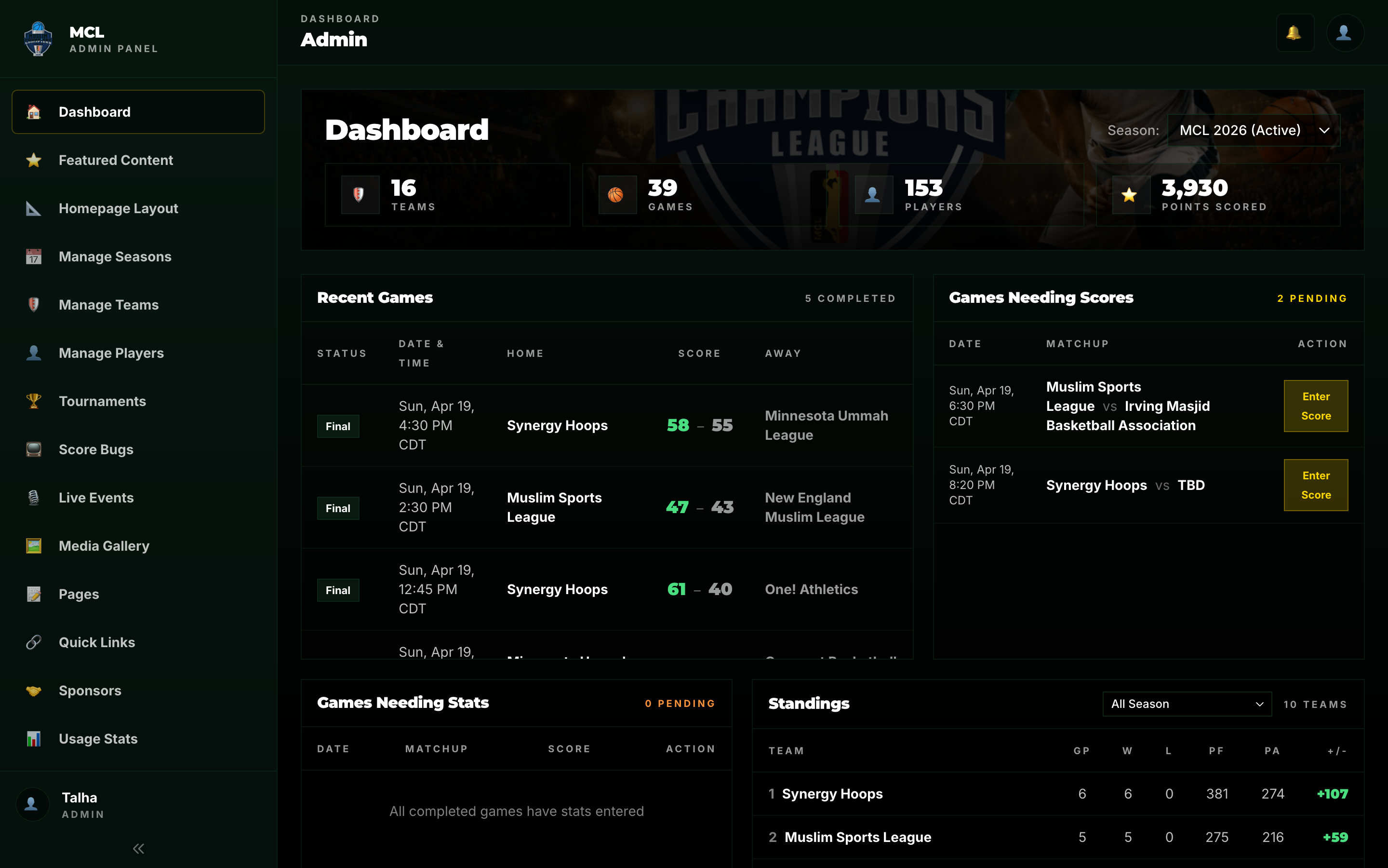 ScoreLM admin dashboard with live game