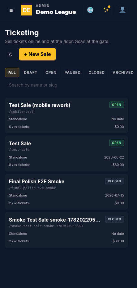 Ticketing list view with status filter chips and a New Sale button in the header