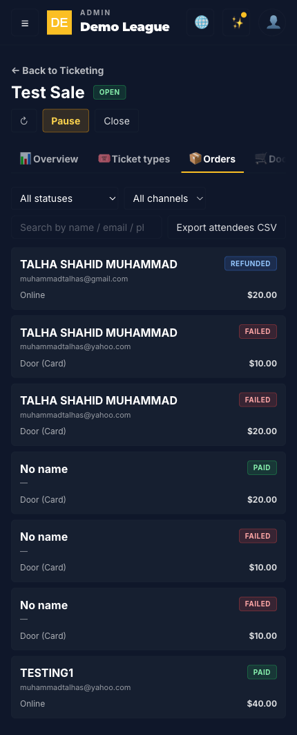 Order detail page with a Refund button and amount-cents input for partial refunds