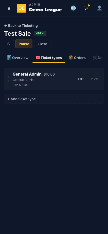 Ticket types tab with Adult, Student, and VIP tiers and editable price + capacity fields