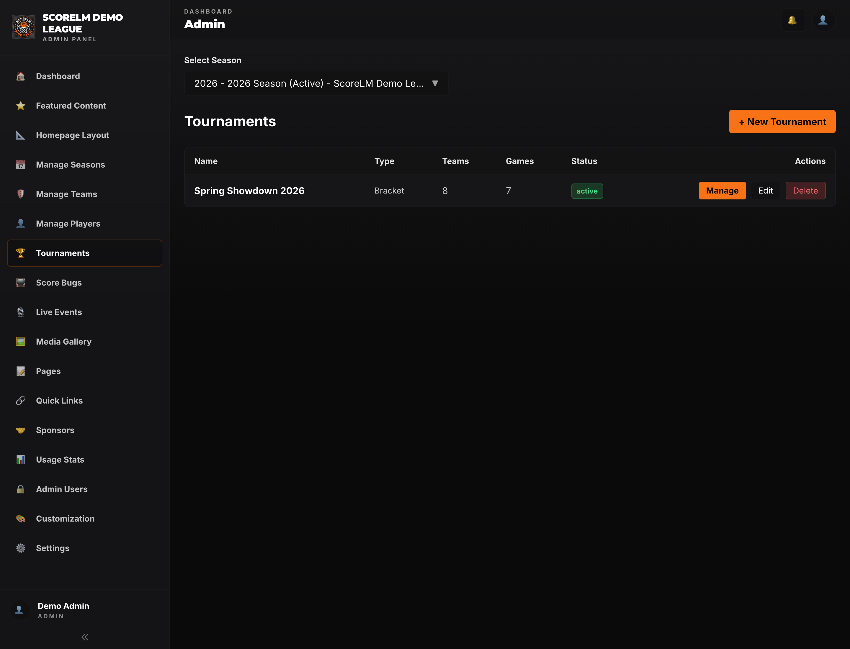 Tournament admin with all tournaments listed — type, status, and standings