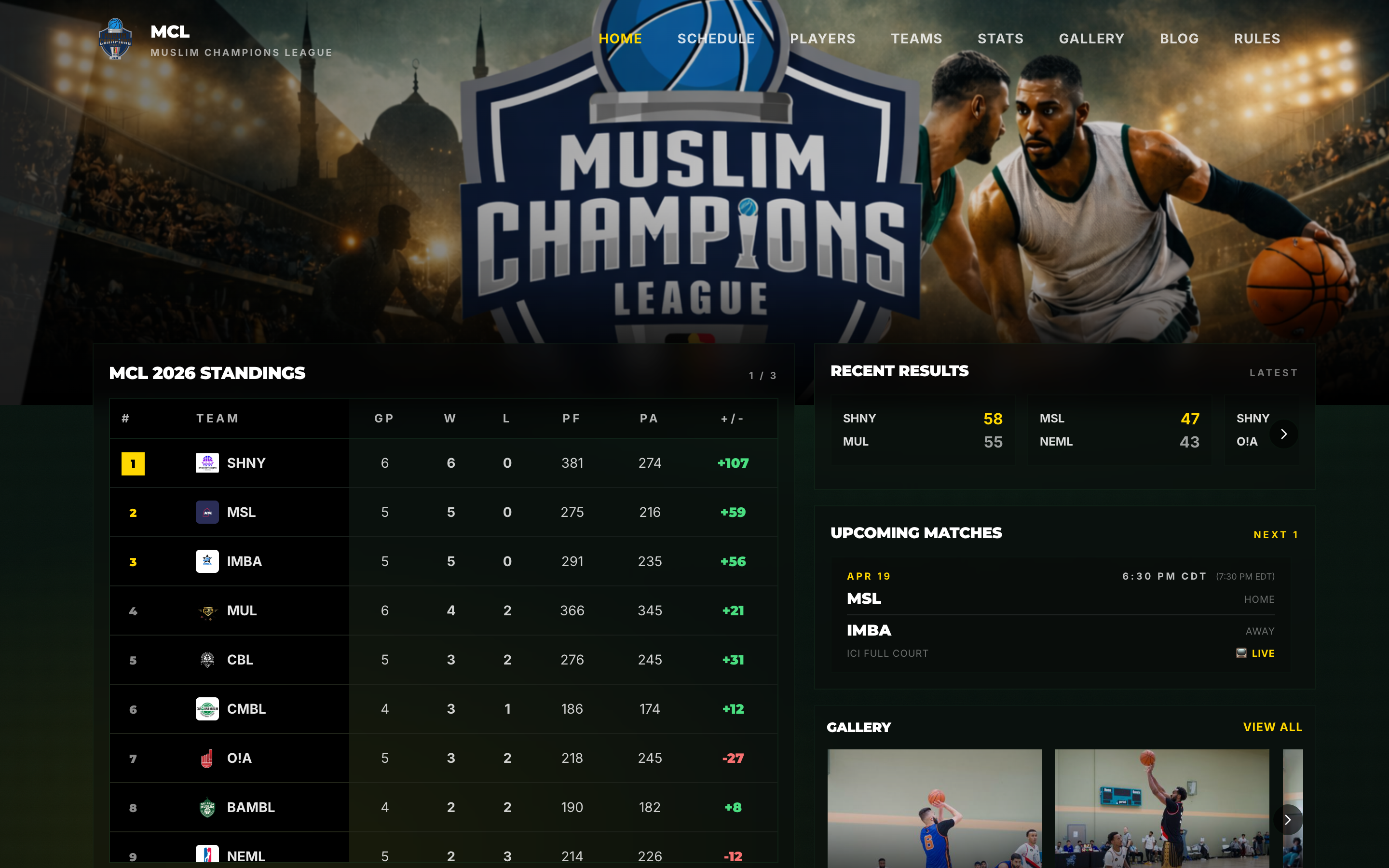 Live public league page showing schedule, standings, and a featured game