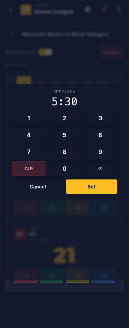Clock numpad modal with 5:30 preview at top and 0-9 / CLR / backspace buttons below