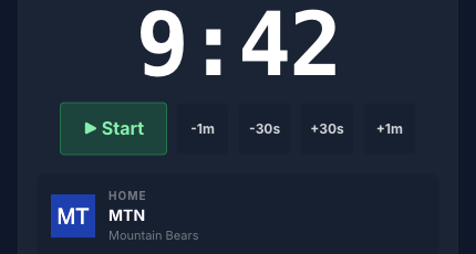 Large clock readout 9:42 with green RUNNING indicator and Pause / -1m / -30s / +30s / +1m buttons below