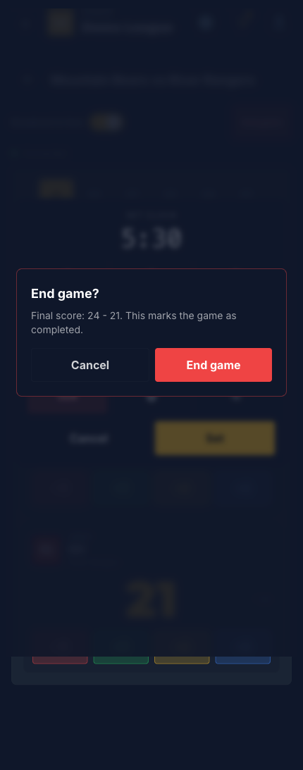 End game confirmation modal showing Final score 78 - 71 with Cancel and End game buttons