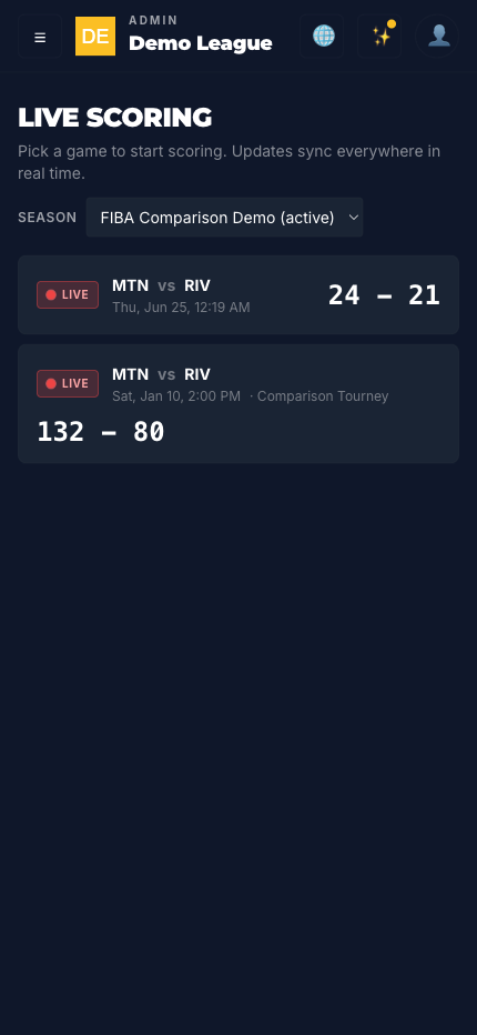 Live Scoring list on a phone showing one Live game with red pulse pill above two upcoming games