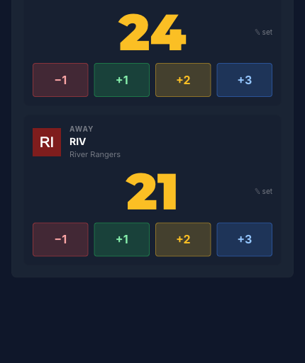 Two team panels stacked on mobile, each showing big score number and -1 +1 +2 +3 button row in red green amber blue