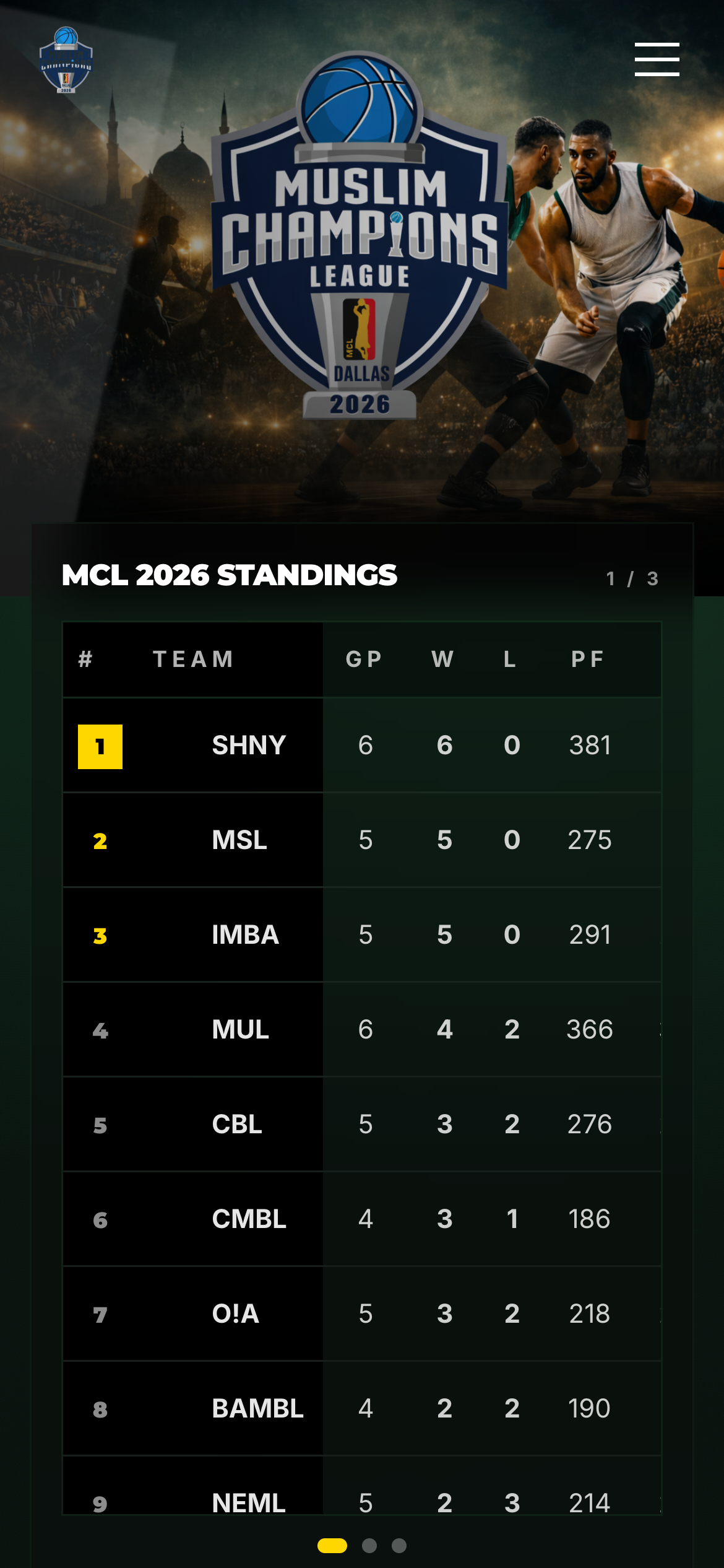 Public league homepage on a phone