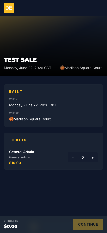 Public ticket sale page with tiered ticket selector, running total, and a Buy button