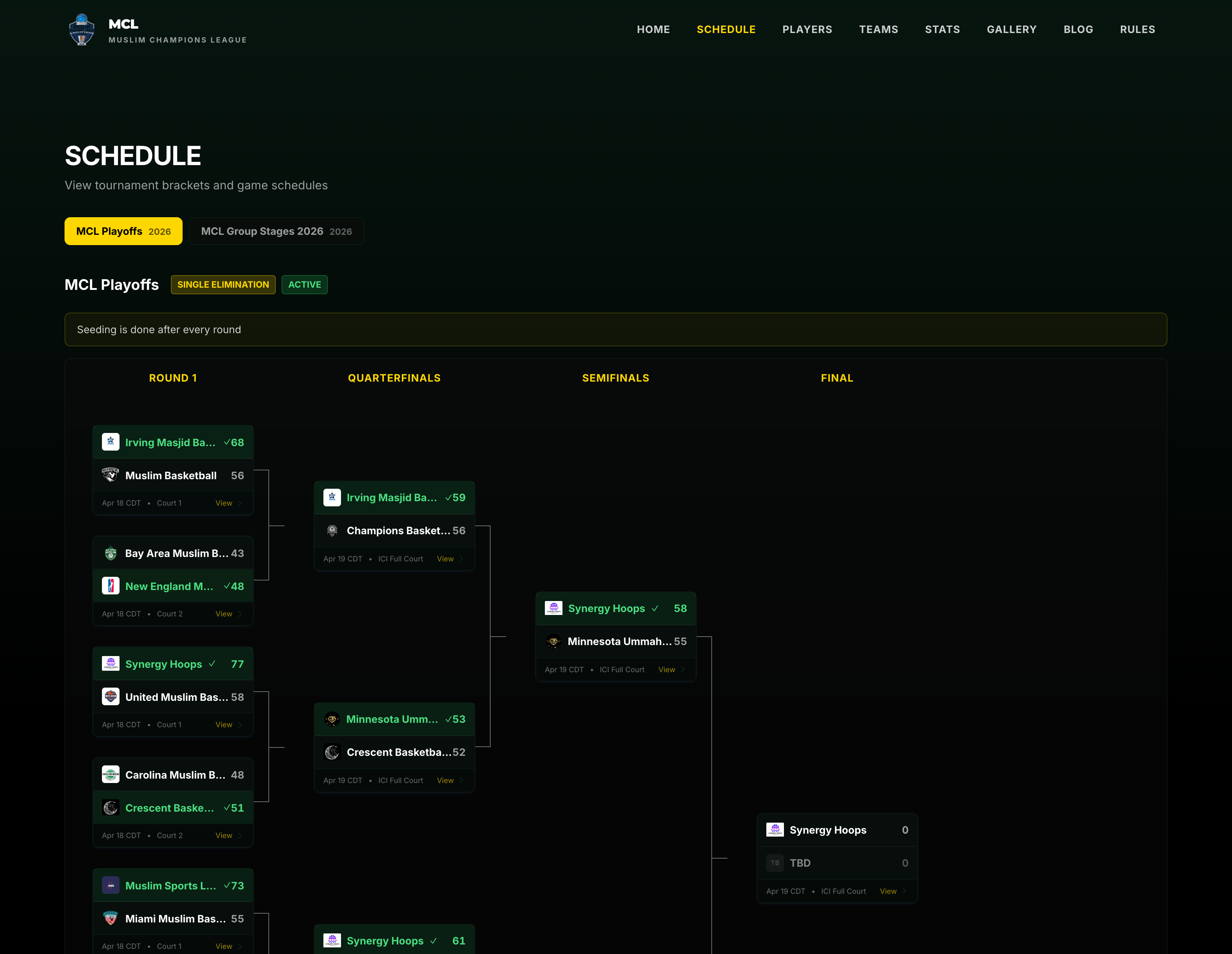 Tournament bracket view with completed and upcoming matchups