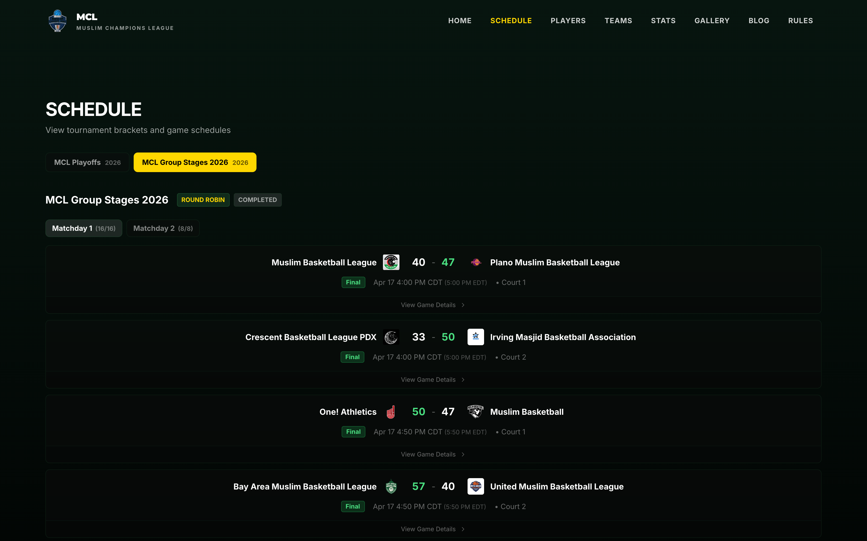 Round robin standings table with W-L records and point differentials
