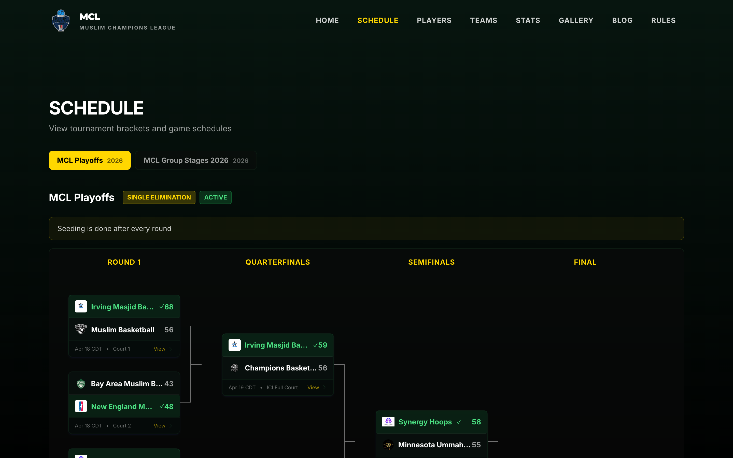Schedule builder showing game cards with teams, dates, times, and venue info