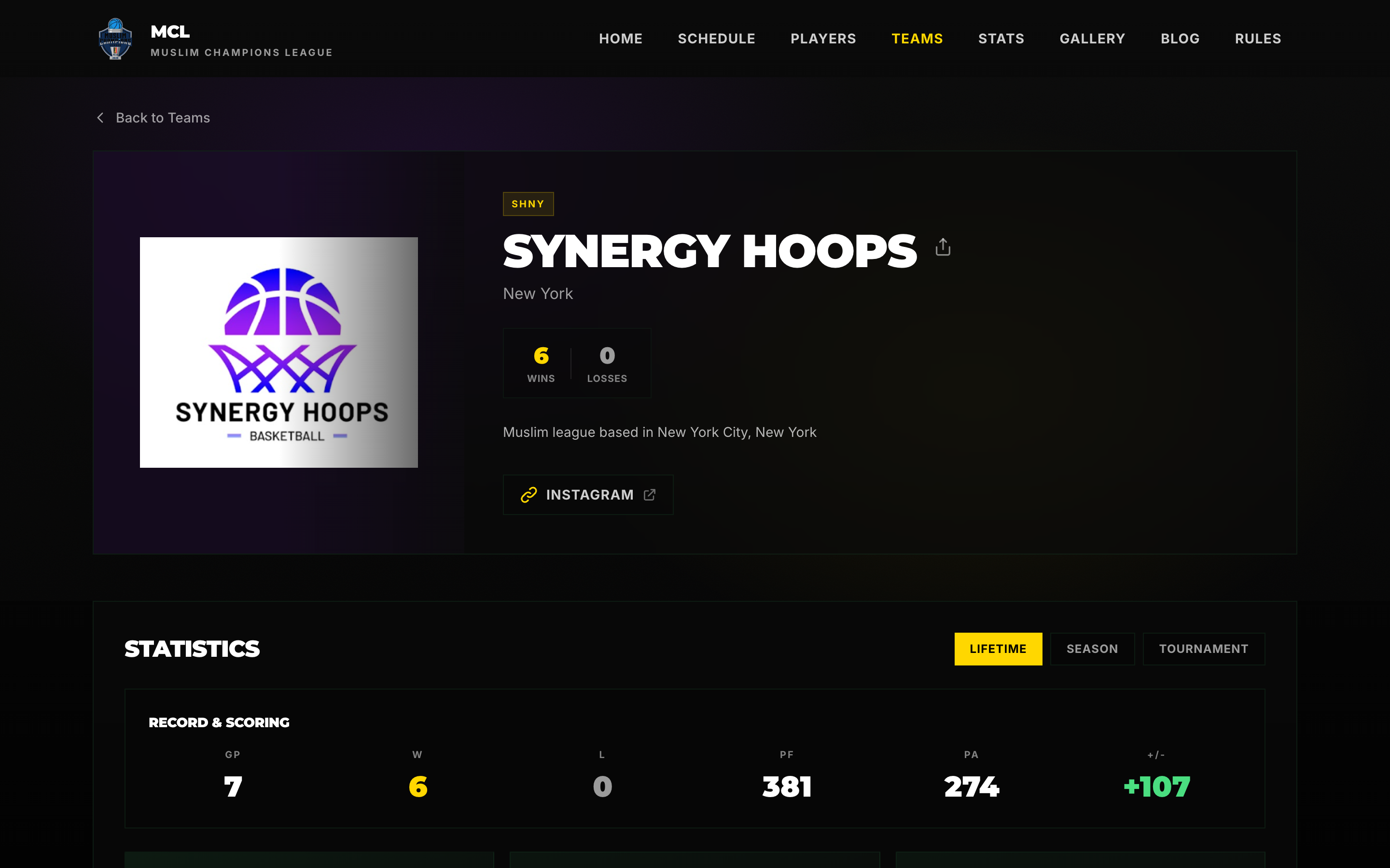 Team page with roster and schedule